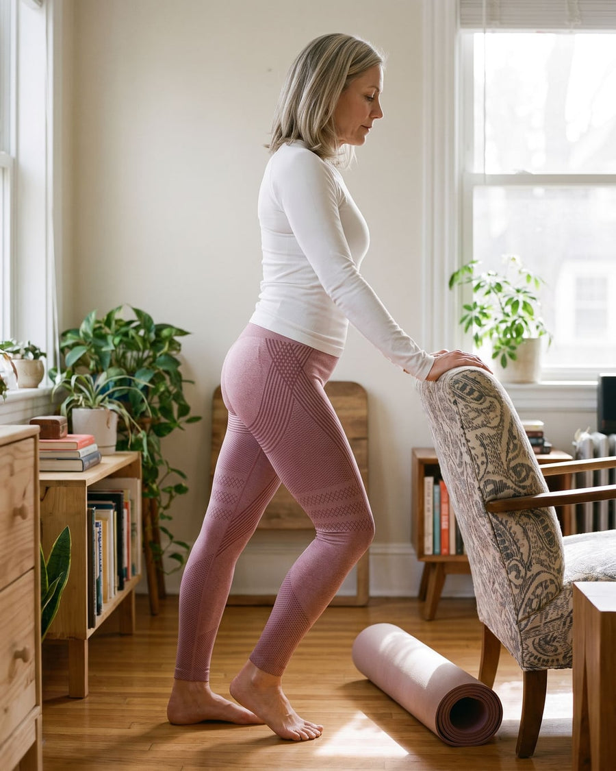 Wearing the Dusty Rose legging at home
