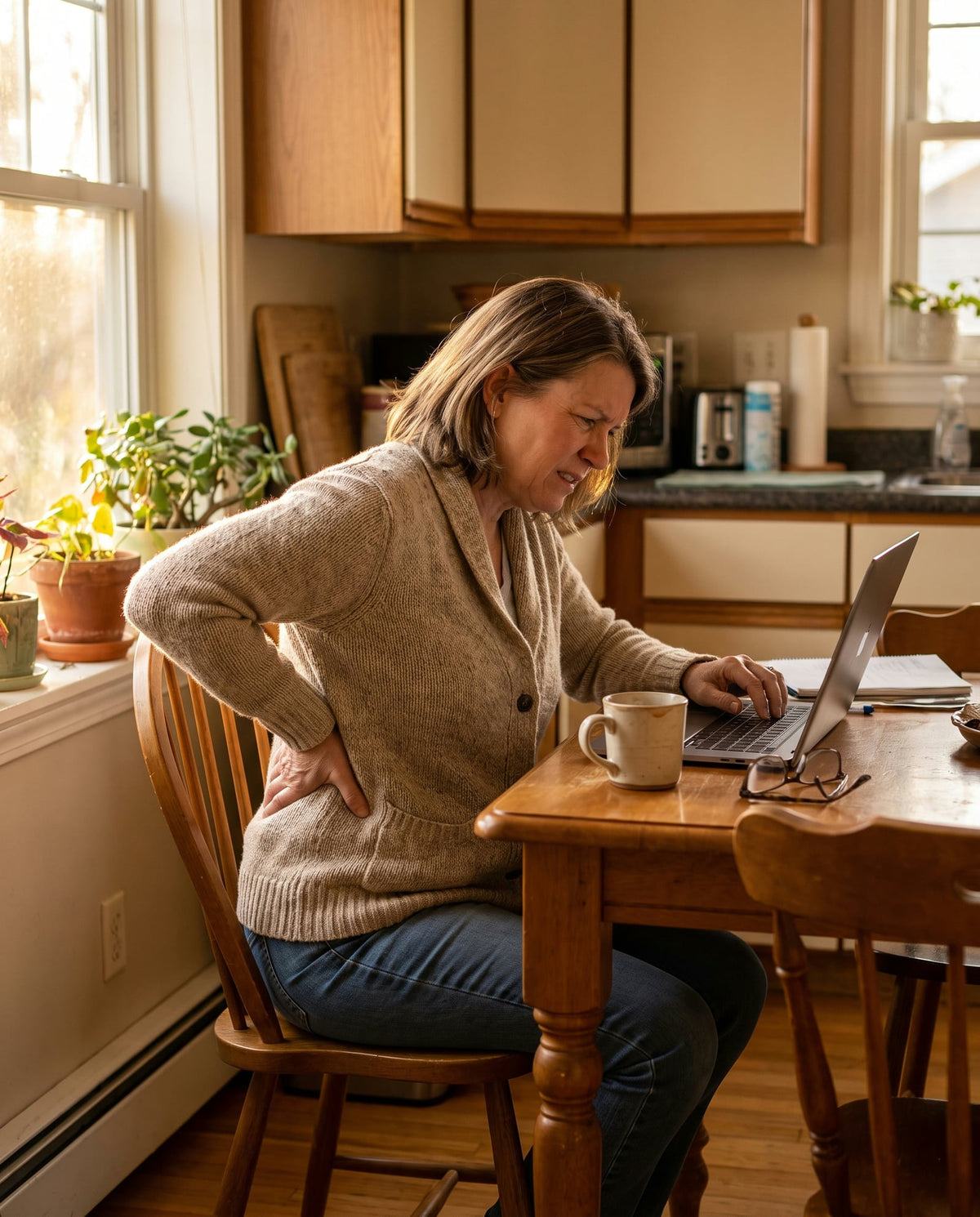 Woman rubbing her lower back after hours at a laptop