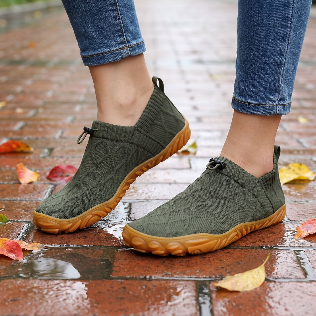 Lifestyle: grippy gum sole on a wet sidewalk